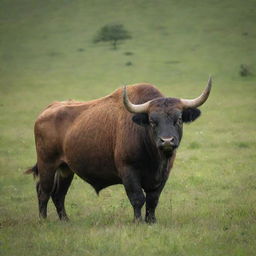 A robust, fierce bull in the middle of a verdant meadow