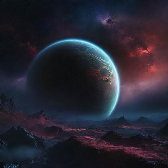 A breathtaking view of a distant planet, shimmering in the velvet darkness of space. The planet is brightly colored with diverse terrain, stormy weather patterns, and glowing auroras.