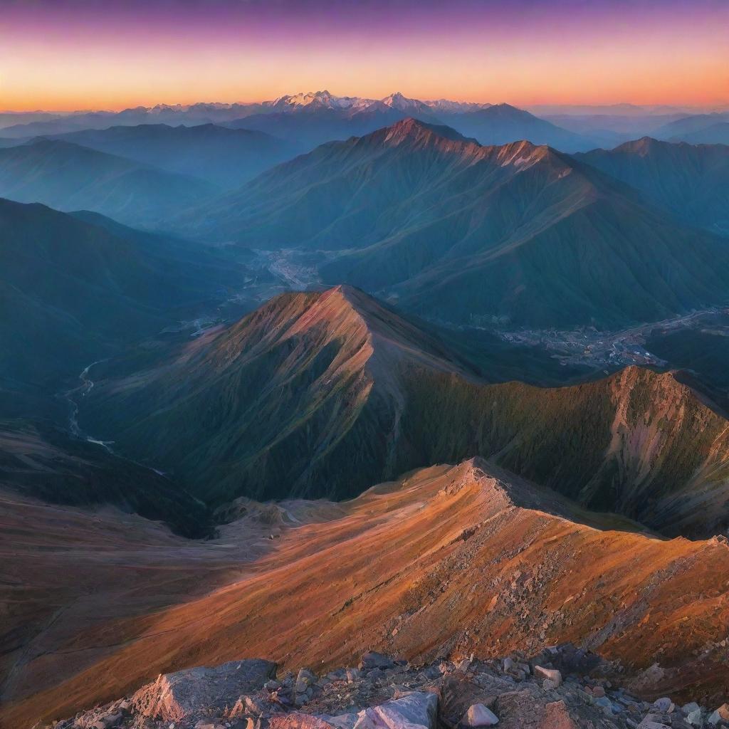 A breath-taking panorama of an expansive mountain range during sunset, with vibrant colors illuminating the sky