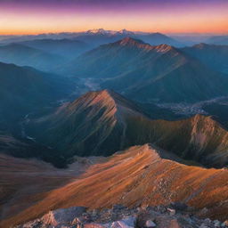 A breath-taking panorama of an expansive mountain range during sunset, with vibrant colors illuminating the sky