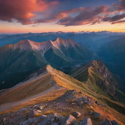 A breath-taking panorama of an expansive mountain range during sunset, with vibrant colors illuminating the sky