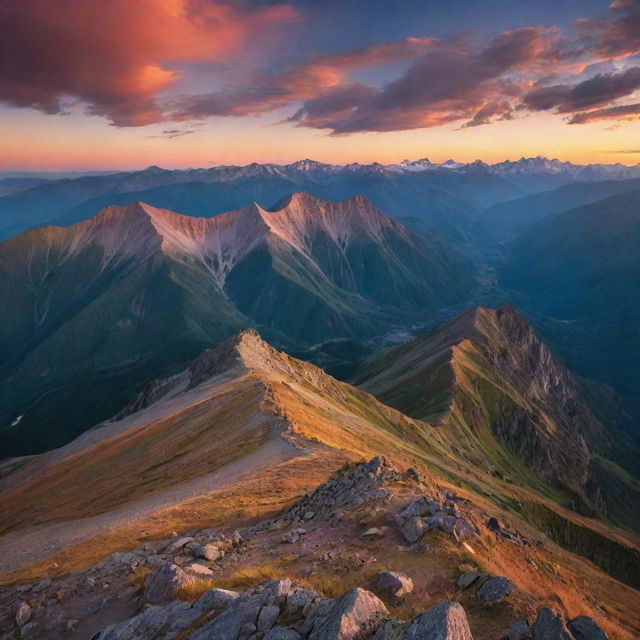 A breath-taking panorama of an expansive mountain range during sunset, with vibrant colors illuminating the sky