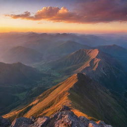 A breath-taking panorama of an expansive mountain range during sunset, with vibrant colors illuminating the sky