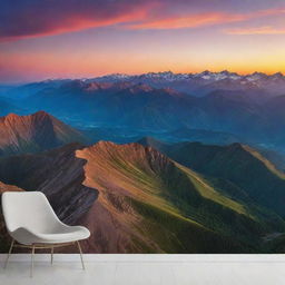 A breath-taking panorama of an expansive mountain range during sunset, with vibrant colors illuminating the sky