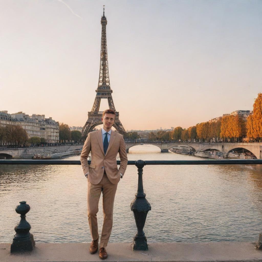 A well-dressed person standing in front of notable Parisian landmarks such as the Eiffel Tower, the Louvre, or charming cafes along the Seine river under a warm sunset. The city's romantic charm is highlighted.