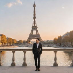 A well-dressed person standing in front of notable Parisian landmarks such as the Eiffel Tower, the Louvre, or charming cafes along the Seine river under a warm sunset. The city's romantic charm is highlighted.