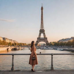 A well-dressed person standing in front of notable Parisian landmarks such as the Eiffel Tower, the Louvre, or charming cafes along the Seine river under a warm sunset. The city's romantic charm is highlighted.