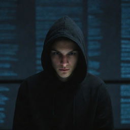 A hacker in a dim room, surrounded by multiple screens displaying lines of code. They are wearing a black hoodie, their face illuminated only by the light from the screens.