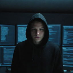 A hacker in a dim room, surrounded by multiple screens displaying lines of code. They are wearing a black hoodie, their face illuminated only by the light from the screens.