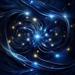 A dark blue background infused with magical energy, glimmering spells and swirling mystical patterns.