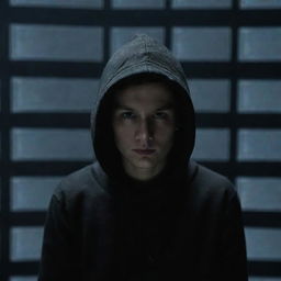 A hacker in a dim room, surrounded by multiple screens displaying lines of code. They are wearing a black hoodie, their face illuminated only by the light from the screens.