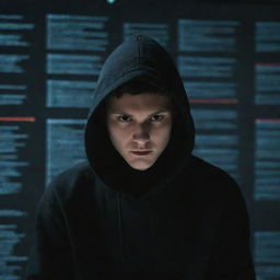 A hacker in a dim room, surrounded by multiple screens displaying lines of code. They are wearing a black hoodie, their face illuminated only by the light from the screens.