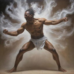 Contemporary artwork of a man's spirit battling with his physical form.