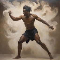 Contemporary artwork of a man's spirit battling with his physical form.