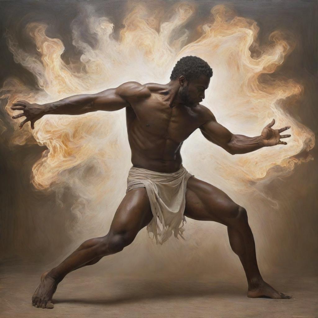 Contemporary artwork of a man's spirit battling with his physical form.