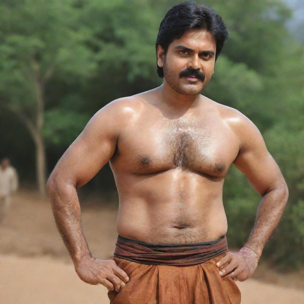 Telugu hero Pavan Kalyan dressed as the character 'Karnudu', featuring his distinctive style and heroic aura.