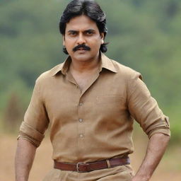 Telugu hero Pavan Kalyan dressed as the character 'Karnudu', featuring his distinctive style and heroic aura.