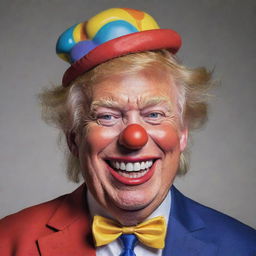 A comical caricature of Donald Trump dressed as a clown with exaggerated features, colorful outfit, and a big grin, showing a playful and humorous side.