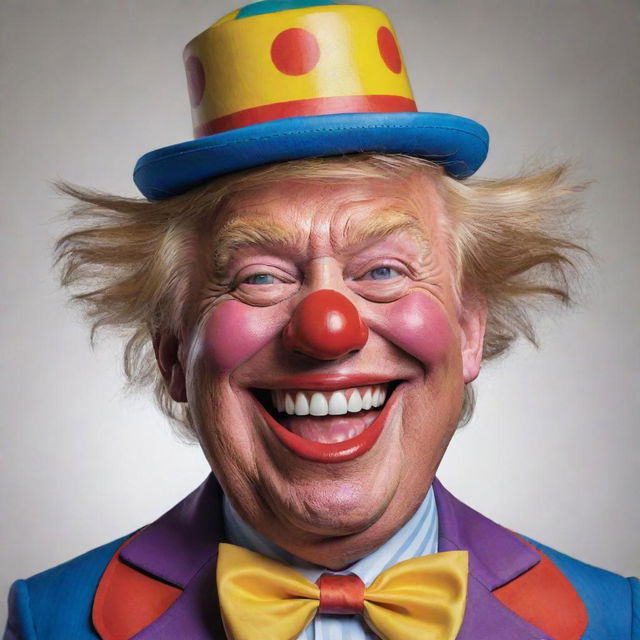 A comical caricature of Donald Trump dressed as a clown with exaggerated features, colorful outfit, and a big grin, showing a playful and humorous side.