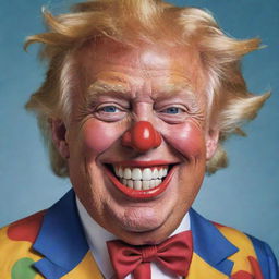 A comical caricature of Donald Trump dressed as a clown with exaggerated features, colorful outfit, and a big grin, showing a playful and humorous side.