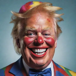 A comical caricature of Donald Trump dressed as a clown with exaggerated features, colorful outfit, and a big grin, showing a playful and humorous side.