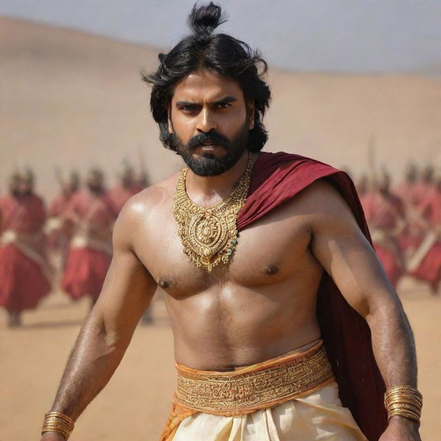 Pavan Kalyan dressed as 'Karnudu' from the epic Mahabharatam, featuring traditional Indian war attire and an epic battlefield backdrop.