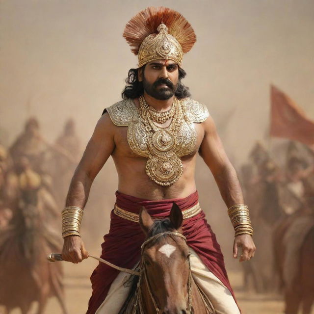 Konidela Pavan Kalyan portrayed as 'Karnudu' in the epic Mahabharatam, adorned in traditional Indian war attire, complete with prominent character features and a dramatic battle scene in the background.