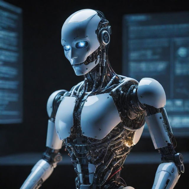 A robotic figure, designed in a highly technological style, engaged in hacking. Imagery includes lines of code flowing around the robot, glowing screens, and a mysterious, digital ambiance.