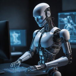 A robotic figure, designed in a highly technological style, engaged in hacking. Imagery includes lines of code flowing around the robot, glowing screens, and a mysterious, digital ambiance.