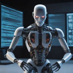 A robotic figure, designed in a highly technological style, engaged in hacking. Imagery includes lines of code flowing around the robot, glowing screens, and a mysterious, digital ambiance.