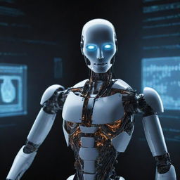 A robotic figure, designed in a highly technological style, engaged in hacking. Imagery includes lines of code flowing around the robot, glowing screens, and a mysterious, digital ambiance.