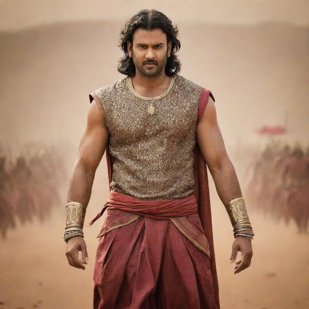 Actor Prabhas dressed as 'Karnudu' from the epic Mahabharatam, featuring traditional Indian war costume, distinctive character traits, and a grand battlefield background.