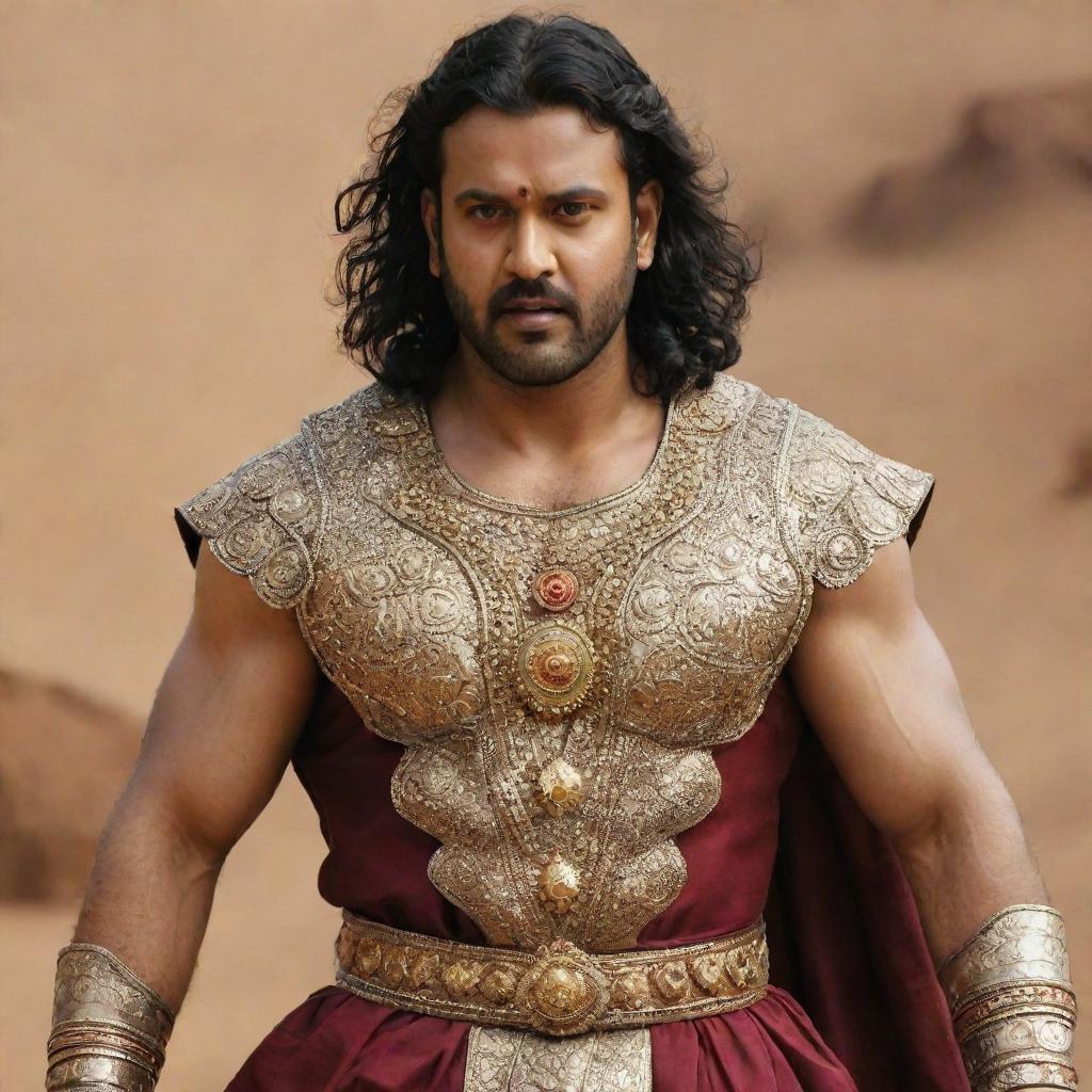 Actor Prabhas dressed as 'Karnudu' from the epic Mahabharatam, featuring traditional Indian war costume, distinctive character traits, and a grand battlefield background.