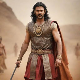 Actor Prabhas dressed as 'Karnudu' from the epic Mahabharatam, featuring traditional Indian war costume, distinctive character traits, and a grand battlefield background.