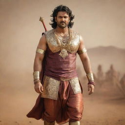 Actor Prabhas dressed as 'Karnudu' from the epic Mahabharatam, featuring traditional Indian war costume, distinctive character traits, and a grand battlefield background.