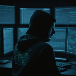 A technological representation of a hacker at work, with multiple monitors displaying glowing code streams, a dark environment lit only by the screens, and a sense of intense concentration.