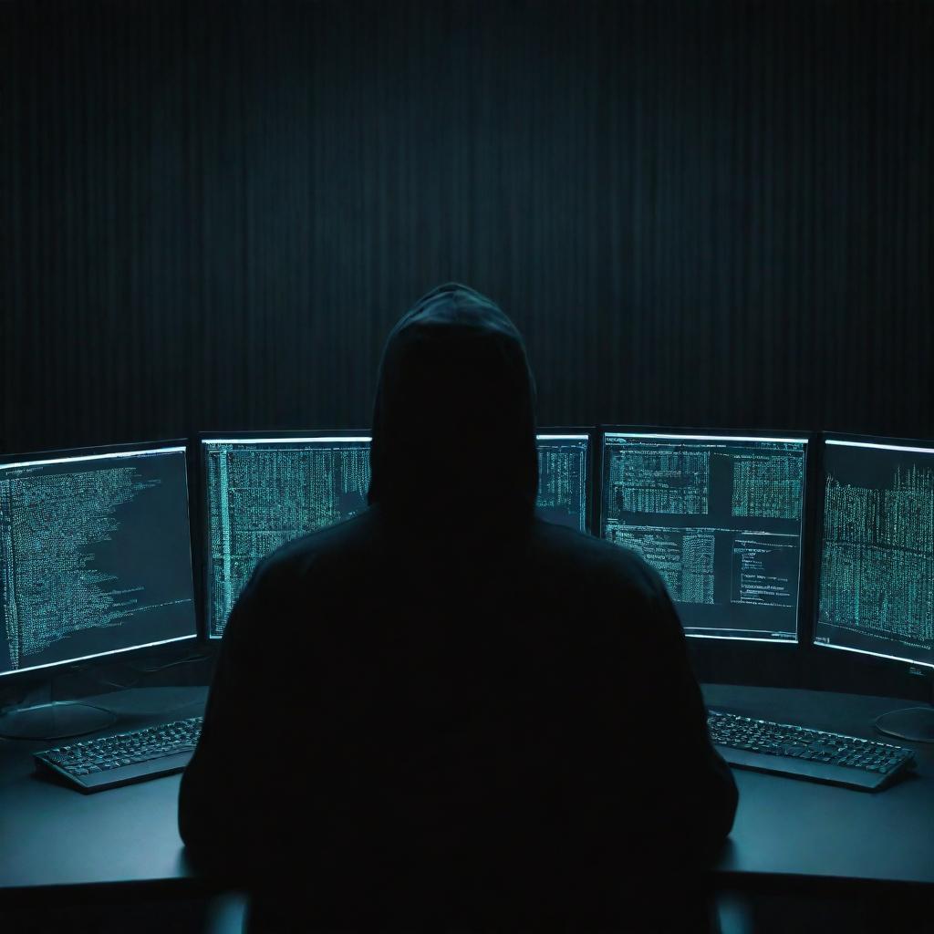 A technological representation of a hacker at work, with multiple monitors displaying glowing code streams, a dark environment lit only by the screens, and a sense of intense concentration.