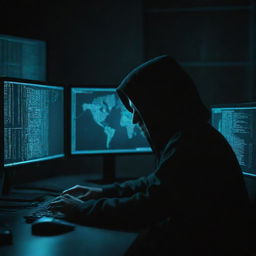 A technological representation of a hacker at work, with multiple monitors displaying glowing code streams, a dark environment lit only by the screens, and a sense of intense concentration.