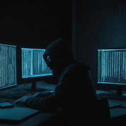 A technological representation of a hacker at work, with multiple monitors displaying glowing code streams, a dark environment lit only by the screens, and a sense of intense concentration.