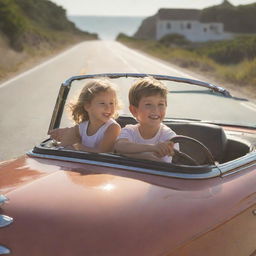 A young boy and girl engrossed in a fun, sunlit drive, both joyfully sharing the driving experience in a radiant antique convertible on a coastal road.