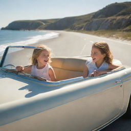 A young boy and girl engrossed in a fun, sunlit drive, both joyfully sharing the driving experience in a radiant antique convertible on a coastal road.