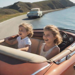 A young boy and girl engrossed in a fun, sunlit drive, both joyfully sharing the driving experience in a radiant antique convertible on a coastal road.