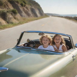 A young boy and girl engrossed in a fun, sunlit drive, both joyfully sharing the driving experience in a radiant antique convertible on a coastal road.