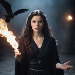 A brave young woman standing defiantly under the intense gaze of an evil sorceress, magic bristling in the air around them.