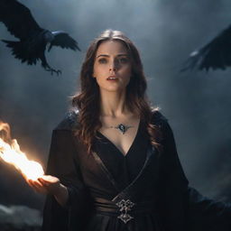 A brave young woman standing defiantly under the intense gaze of an evil sorceress, magic bristling in the air around them.