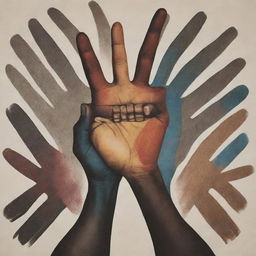 A striking, emotionally resonant poster advocating against violence. It should include diverse hands clasping together in unity, bold anti-violence slogans, and peaceful imagery.