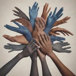 A striking, emotionally resonant poster advocating against violence. It should include diverse hands clasping together in unity, bold anti-violence slogans, and peaceful imagery.