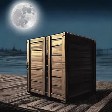 Under the pale moonlight, the longshoreman noticed the eerie sounds coming from one of the crates, filled with dread as he hesitated to open it.