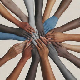 A striking, emotionally resonant poster advocating against violence. It should include diverse hands clasping together in unity, bold anti-violence slogans, and peaceful imagery.