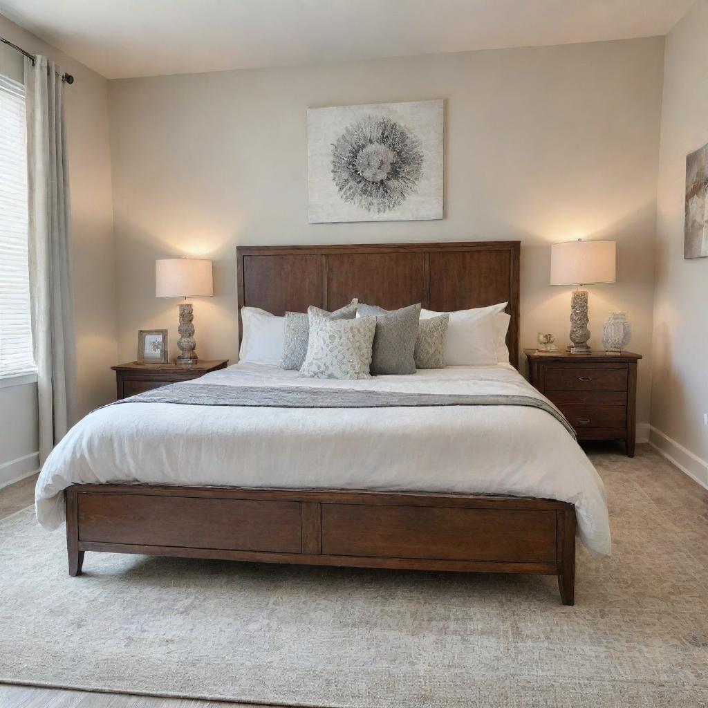 A cozy, tastefully decorated bedroom interior with a balance of natural light and warm artificial lighting. Features a comfortable king-sized bed, an elegant dresser, plush rug, and chic artwork on the walls.